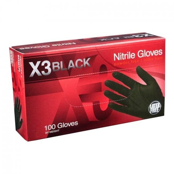 Ammex X3, Nitrile Disposable Gloves, 3 mil Palm, Nitrile, Powder-Free, S, Black AMX-BX342100